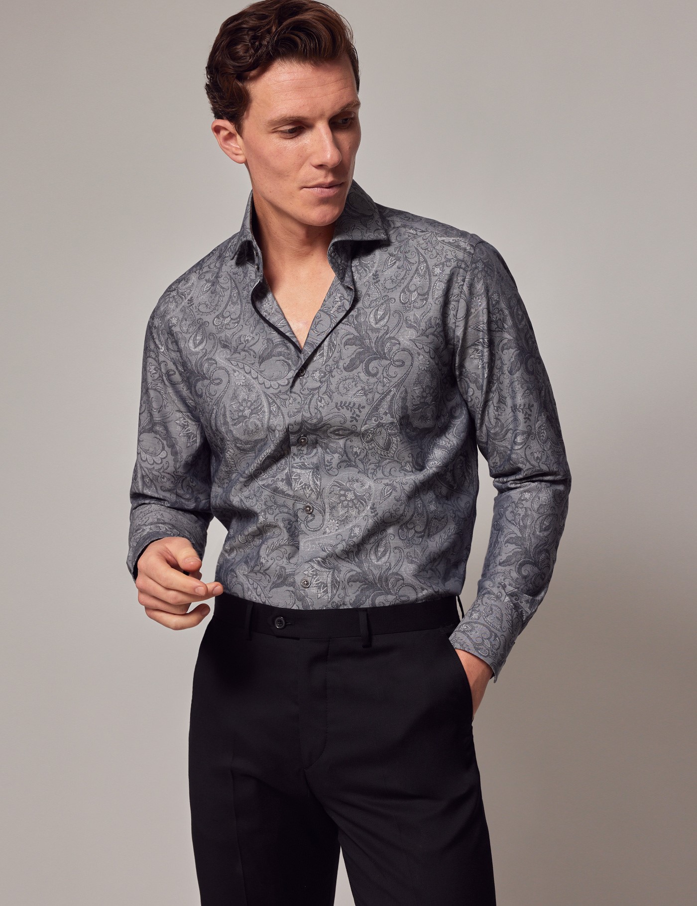 Men's Grey Paisley Jacquard Slim Shirt - High Collar