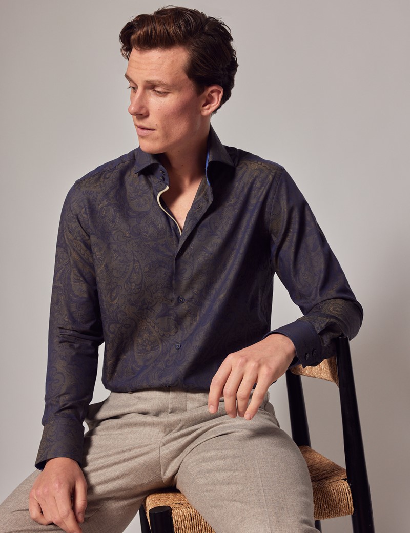 Men's Navy Paisley Jacquard Slim Shirt - High Collar