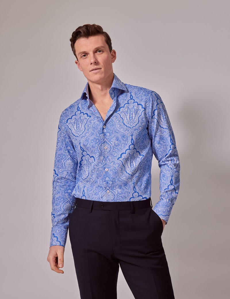 Men's Blue Paisley Jacquard Slim Shirt - High Collar | Hawes & Curtis