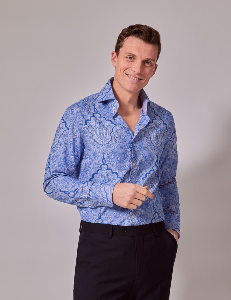 Blue Paisley Jacquard Slim Shirt - High Collar