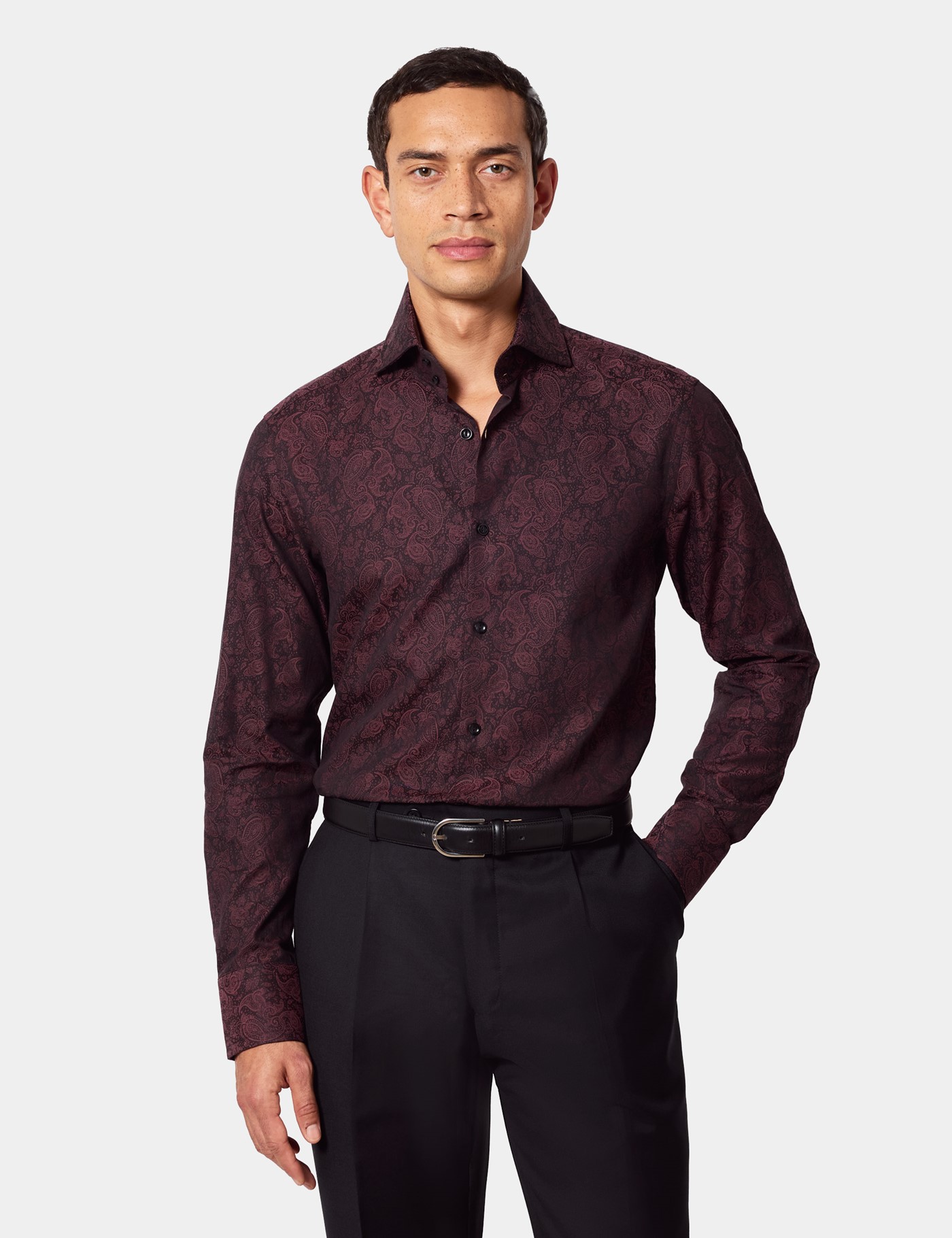 & Slim Fit Burgundy & Paisley Jacquard Shirt Long