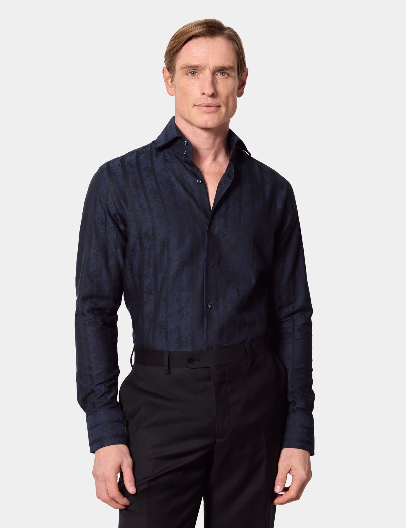 & Slim Fit Dark Stripe Jacquard Shirt Long