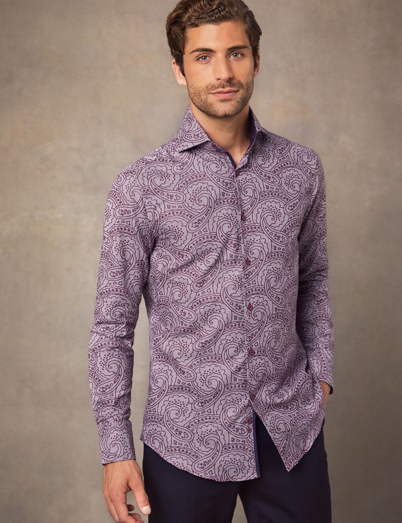 100% Cotton Men's Relaxed Slim Shirt with Paisley Print in Burgundy ...