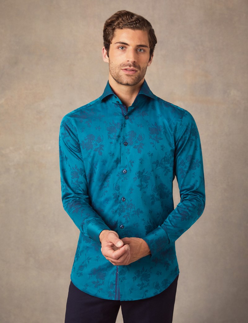 Men's Curtis Turquoise Jacquard Floral Slim Fit Shirt With Contrast