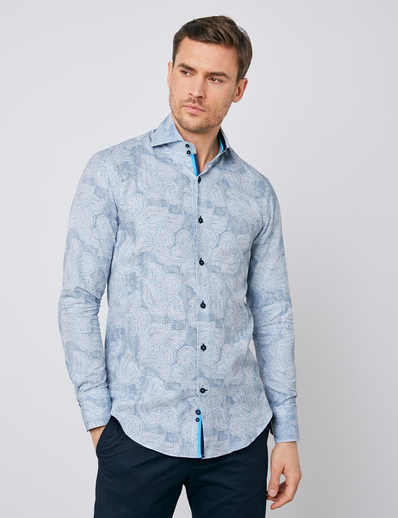 Men's Curtis Light Blue & White Jacquard Slim Fit Shirt - High Collar ...