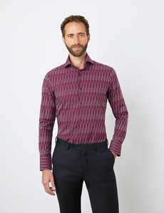 Men's Curtis Burgundy & White Dobby Lines Relaxed Slim Fit Shirt - High Collar - Single Cuff