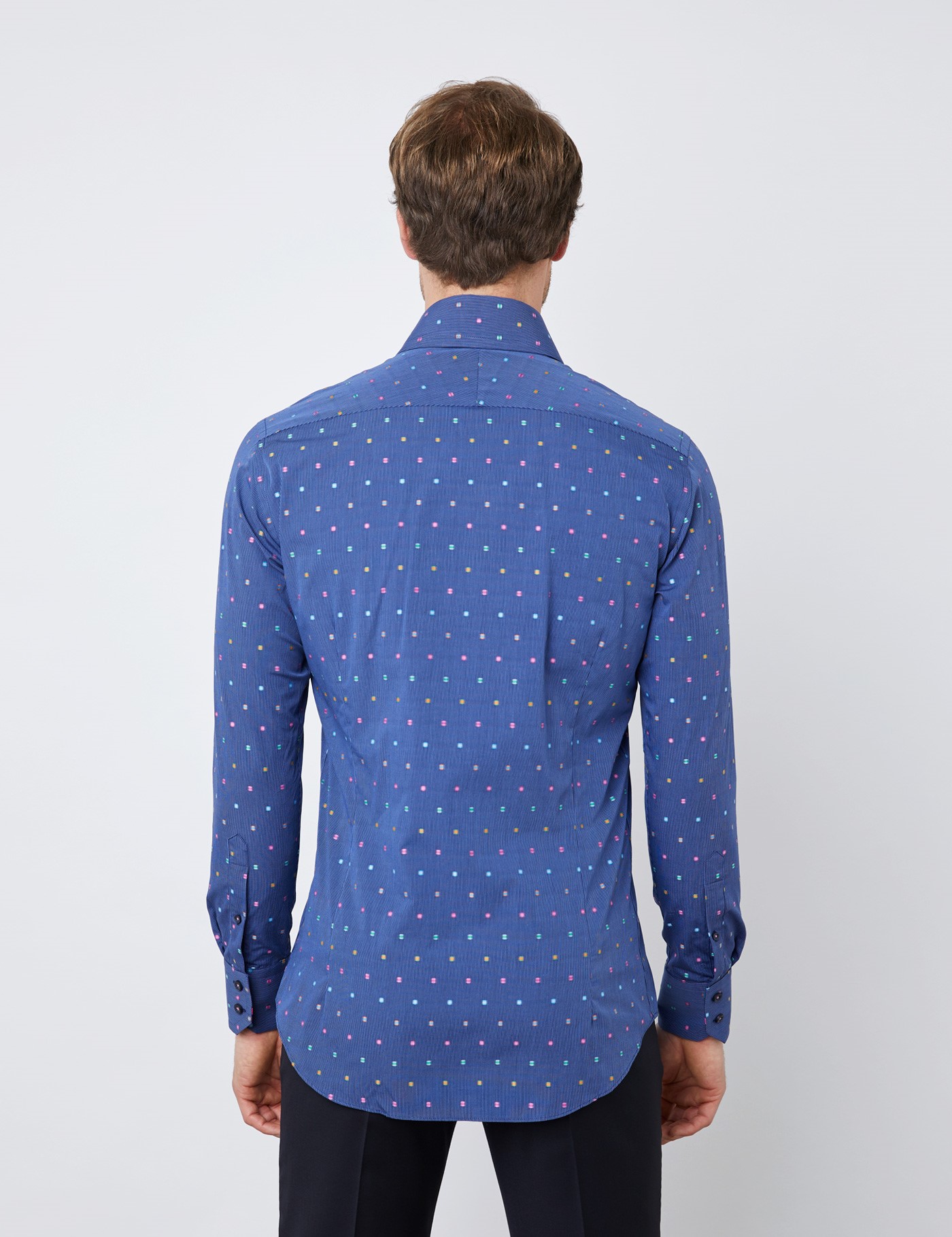 100% Cotton Men's Dobby Relaxed Slim Shirt with Spots in Navy & Pink ...