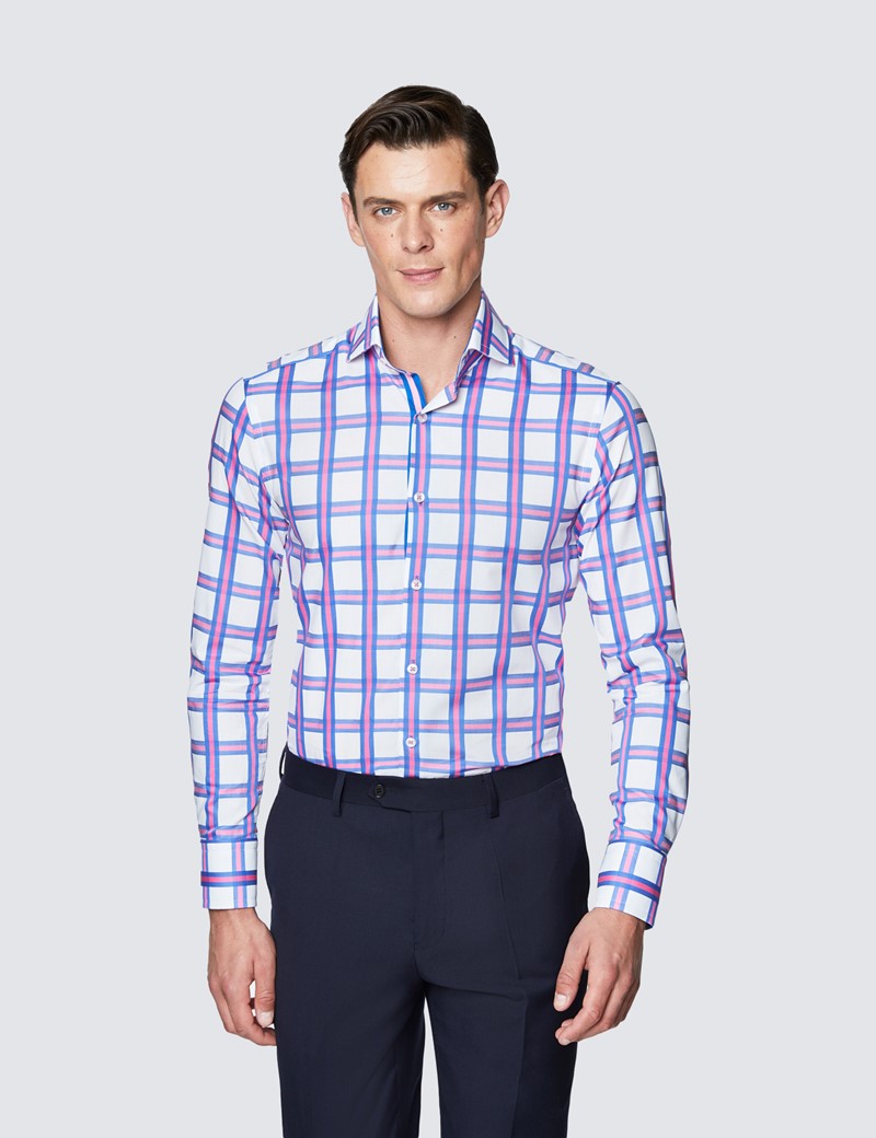 Men's Curtis White and Pink Multi Checks Cotton Shirt - High Collar 