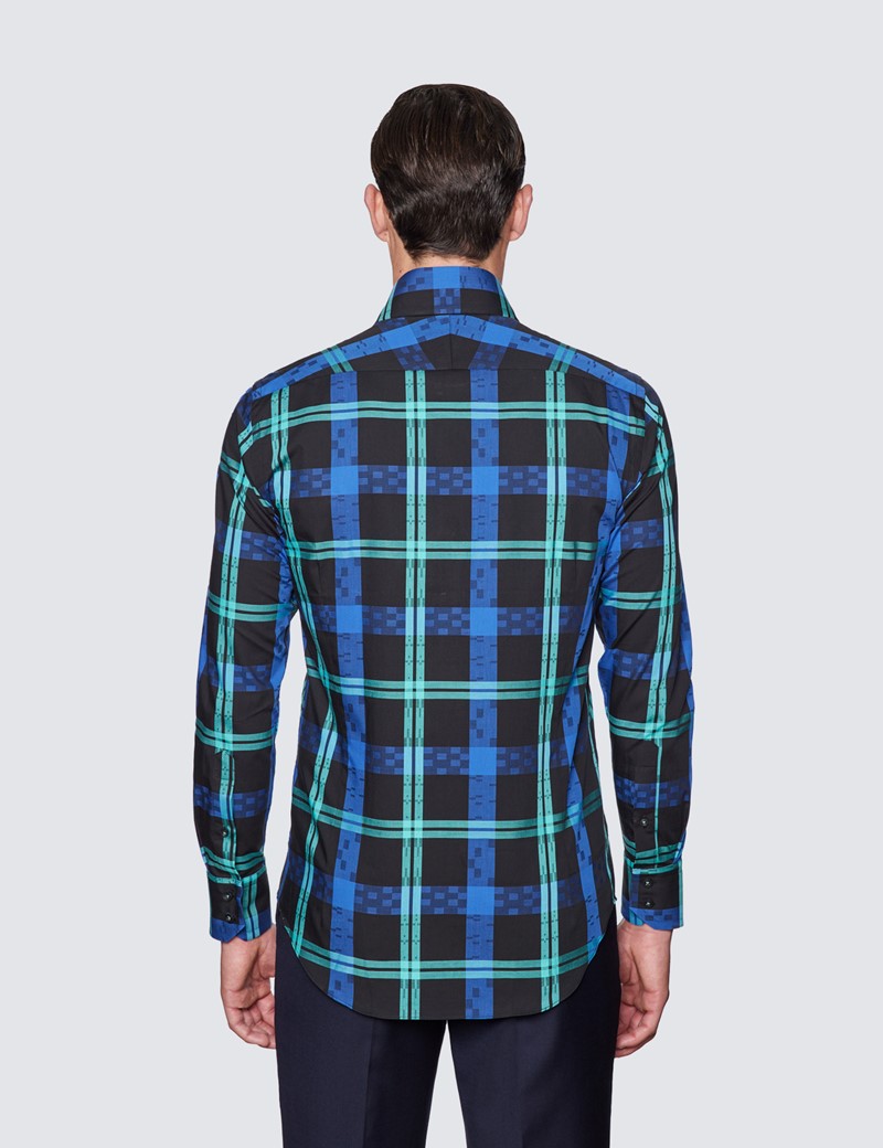 Men's Curtis Black & Green Multi Check Relaxed Slim Fit Shirt - High Collar