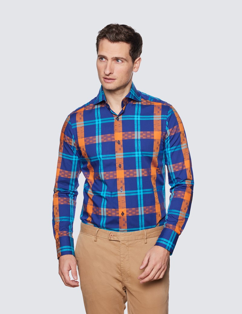Men's Curtis Navy & Orange Large Check Relaxed Slim Fit Shirt - High Collar