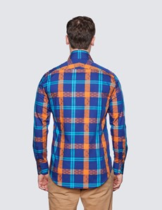 Men's Curtis Navy & Orange Large Check Relaxed Slim Fit Shirt - High Collar