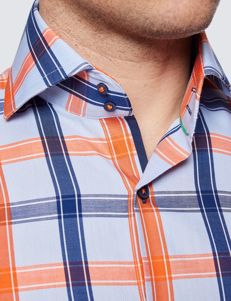 Men's Curtis Blue & Orange Check Relaxed Slim Fit Shirt - High Collar