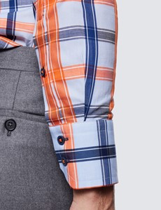 Men's Curtis Blue & Orange Check Relaxed Slim Fit Shirt - High Collar