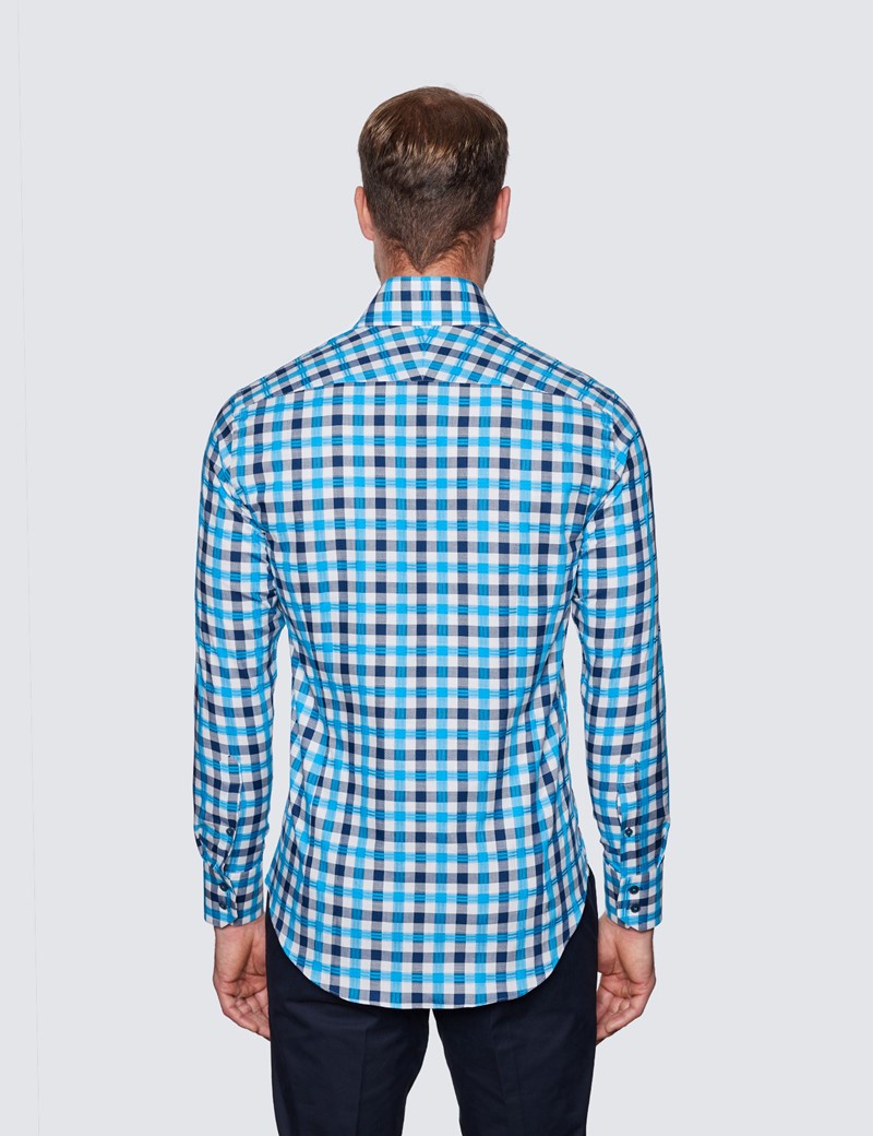 Men's Curtis White & Blue Check Relaxed Slim Fit Shirt - High Collar