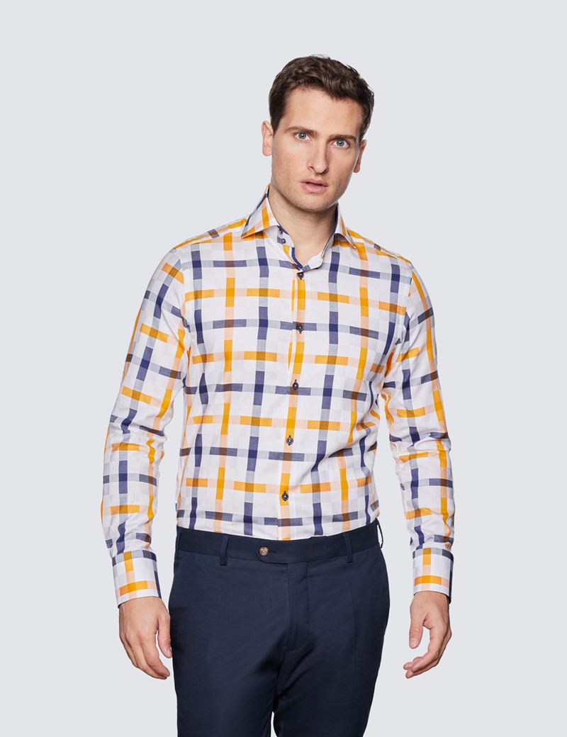 Men's Curtis White & Orange Large Check Relaxed Slim Fit Shirt - High Collar