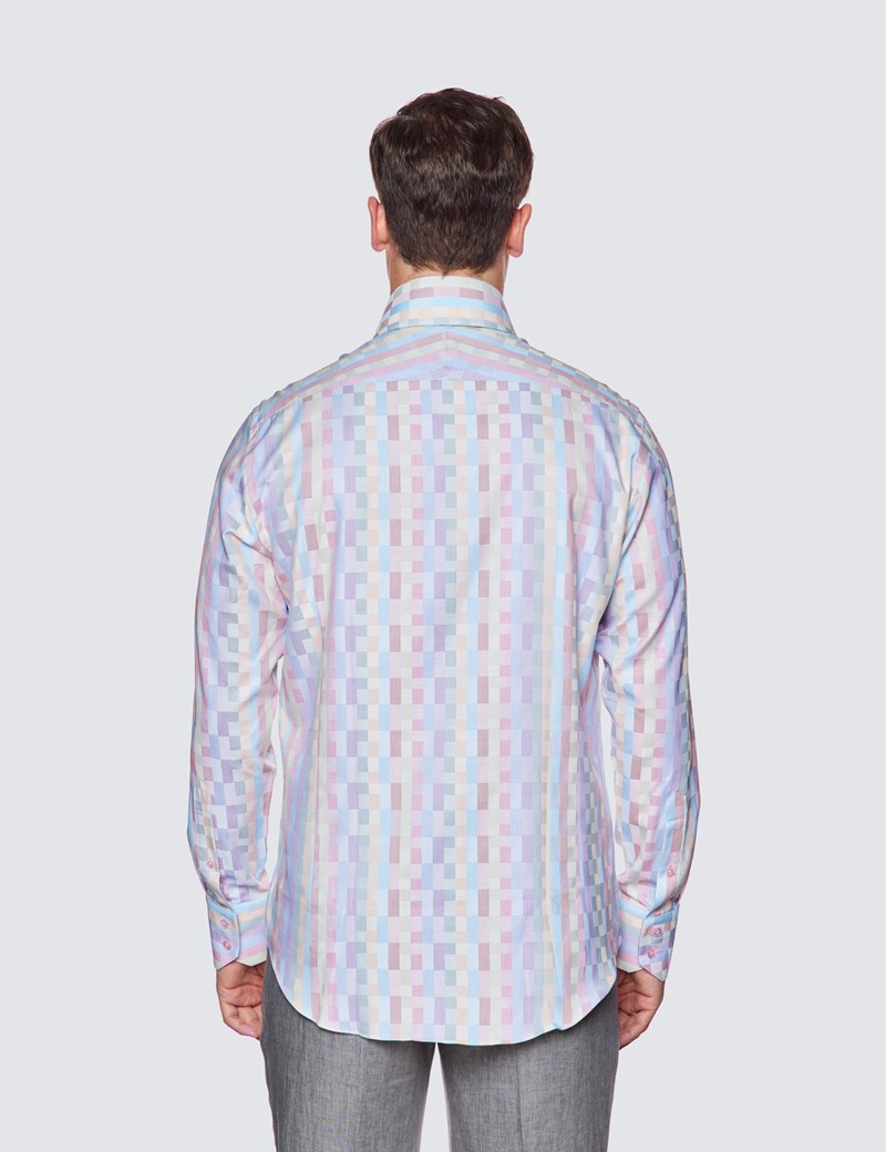 Curtis Red & Blue Self Check Relaxed Slim Fit Shirt - High Collar