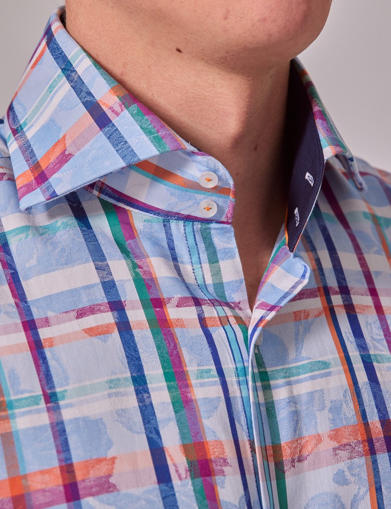Men's Blue & Orange Jacquard Check Slim Shirt - High Collar | Hawes ...