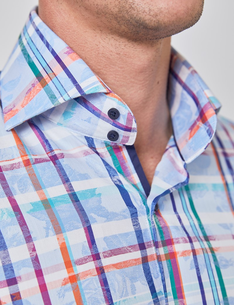 mens blue and orange plaid shirt