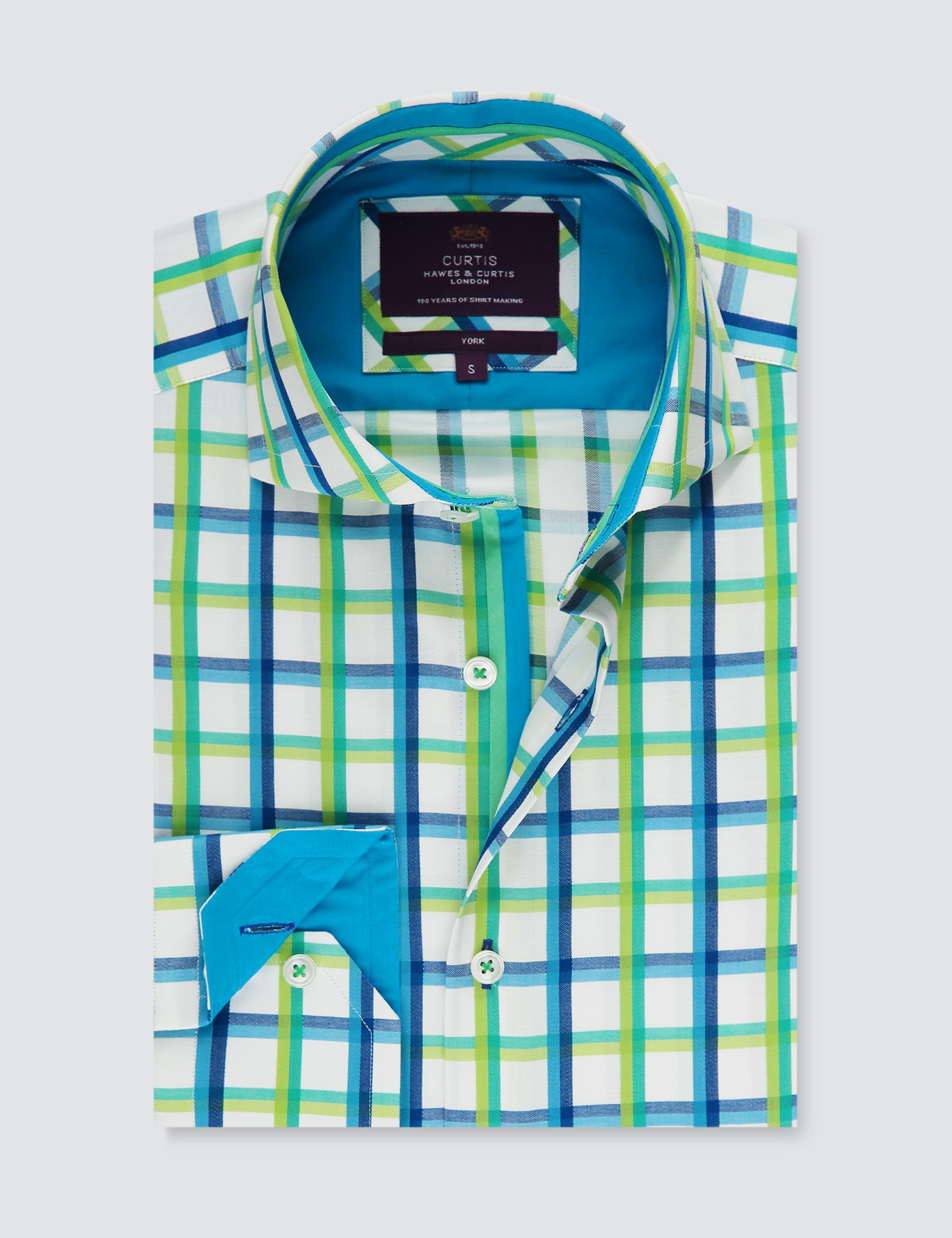 100% Cotton Men's Relaxed Slim Shirt with Multi Plaid in White & Green ...