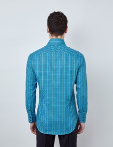 Men's Curtis Navy & Turquoise Geometric Check Relaxed Slim Fit Shirt - High Collar 