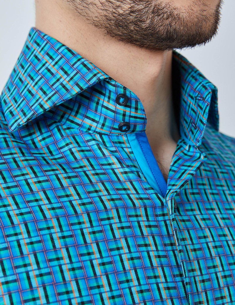 Men's Curtis Navy & Turquoise Geometric Check Relaxed Slim Fit Shirt - High Collar 