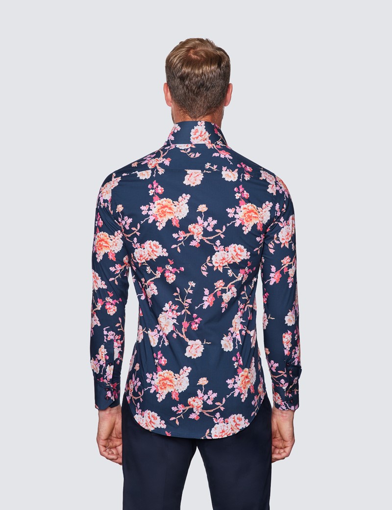 Men's Curtis Navy & Pink Floral Print Cotton Shirt - High Collar