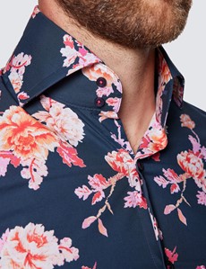 Men's Curtis Navy & Pink Floral Print Cotton Shirt - High Collar