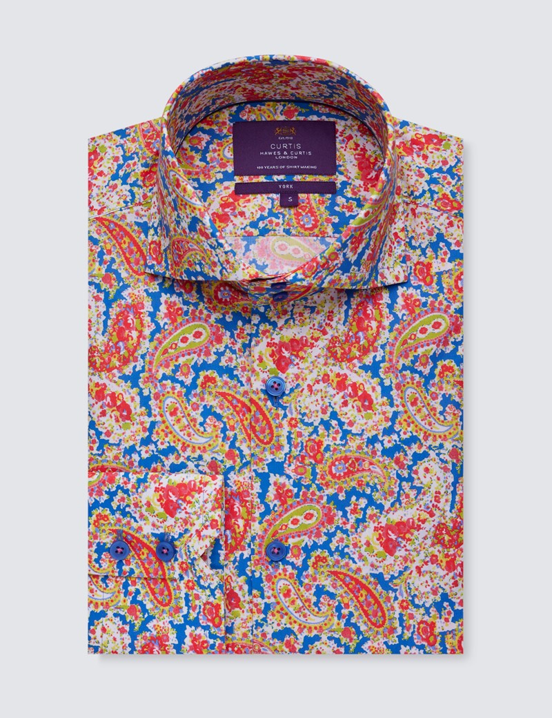 Mens Curtis Blue & Pink Floral Paisley Print Cotton Shirt - High Collar