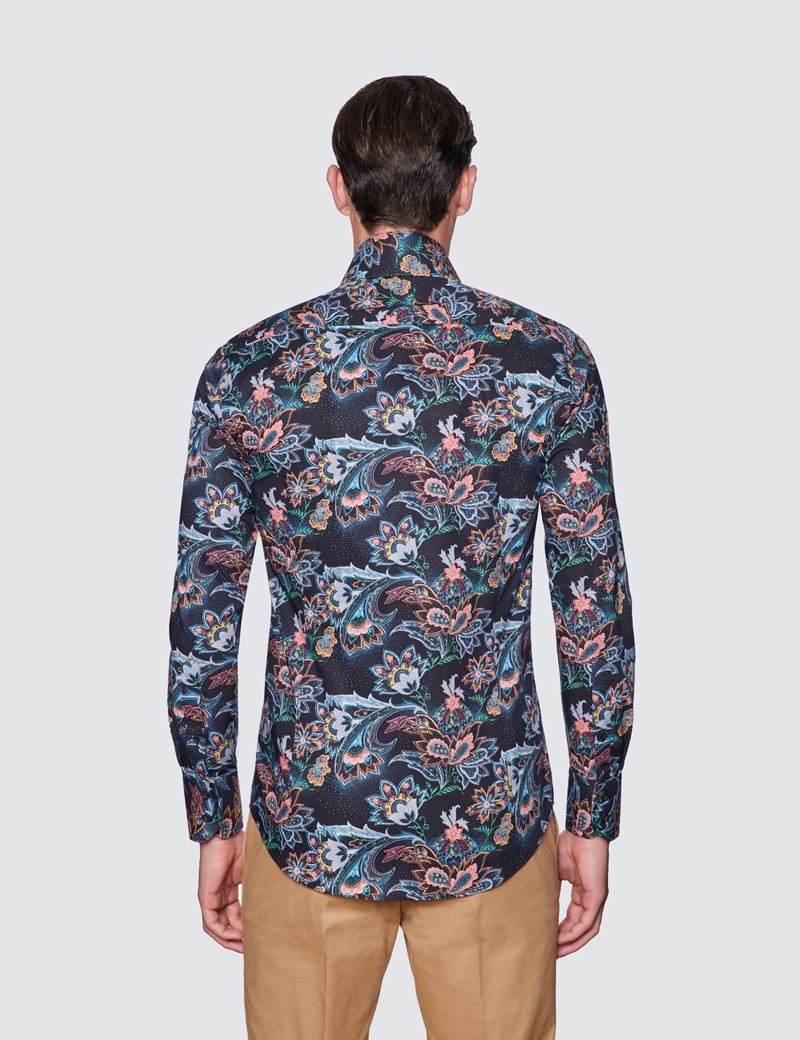 Men's Curtis Black & Blue Floral Paisley Print Relaxed Slim Fit Shirt - High Collar