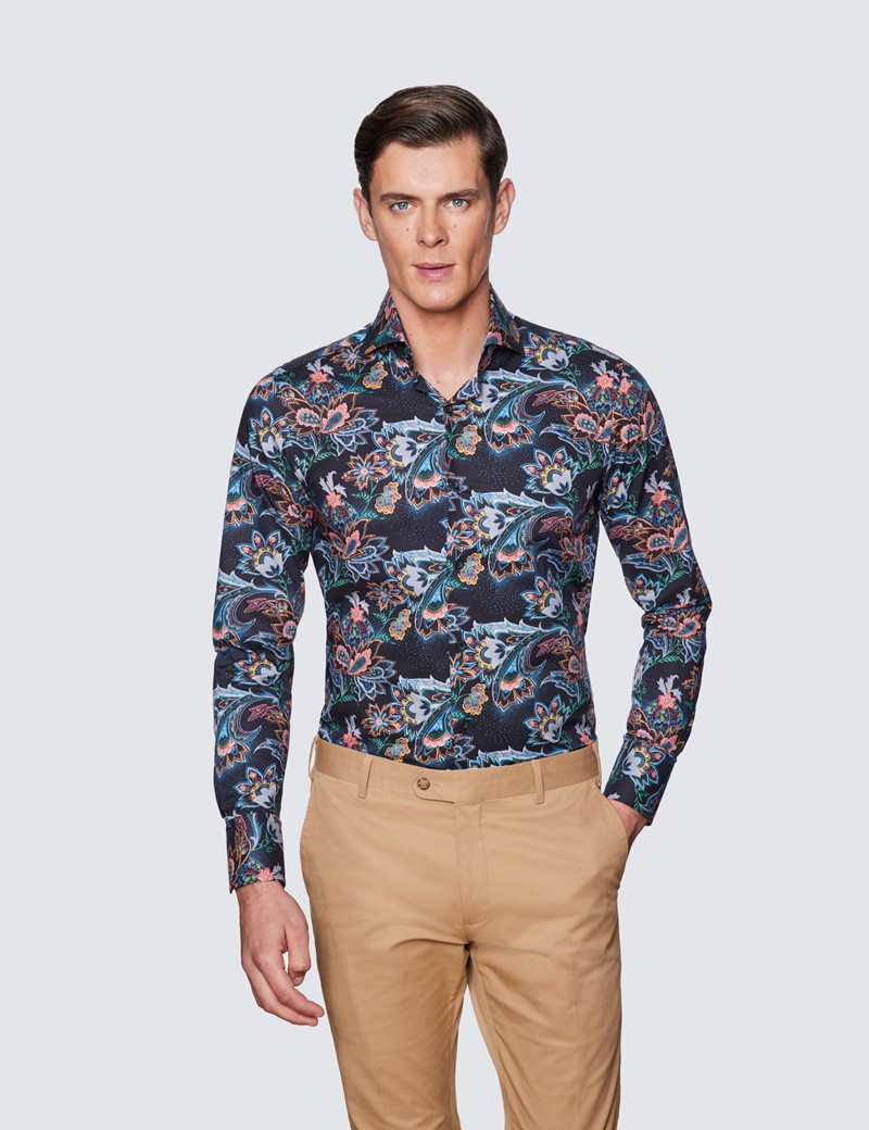 Men's Curtis Black & Blue Floral Paisley Print Relaxed Slim Fit Shirt - High Collar