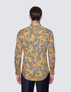Men's Curtis Navy & Yellow Floral Paisley Print Relaxed Slim Fit Shirt - High Collar
