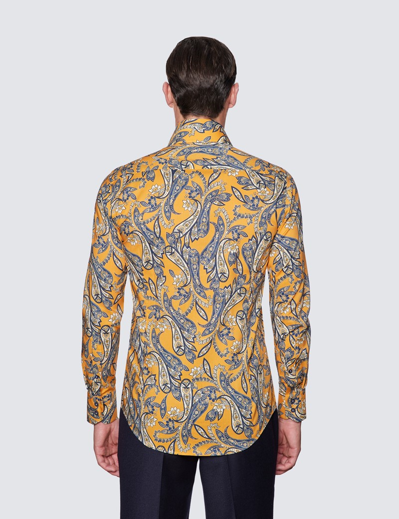 Men's Curtis Navy & Yellow Floral Paisley Print Relaxed Slim Fit Shirt - High Collar