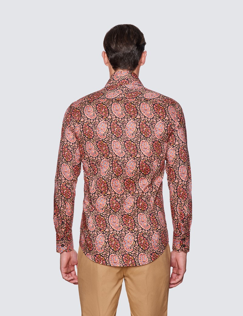 Men's Curtis Black and Red Floral Paisley Cotton Shirt - High Collar