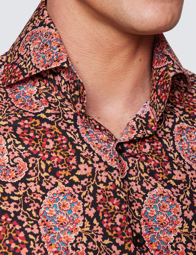Men's Curtis Black and Red Floral Paisley Cotton Shirt - High Collar