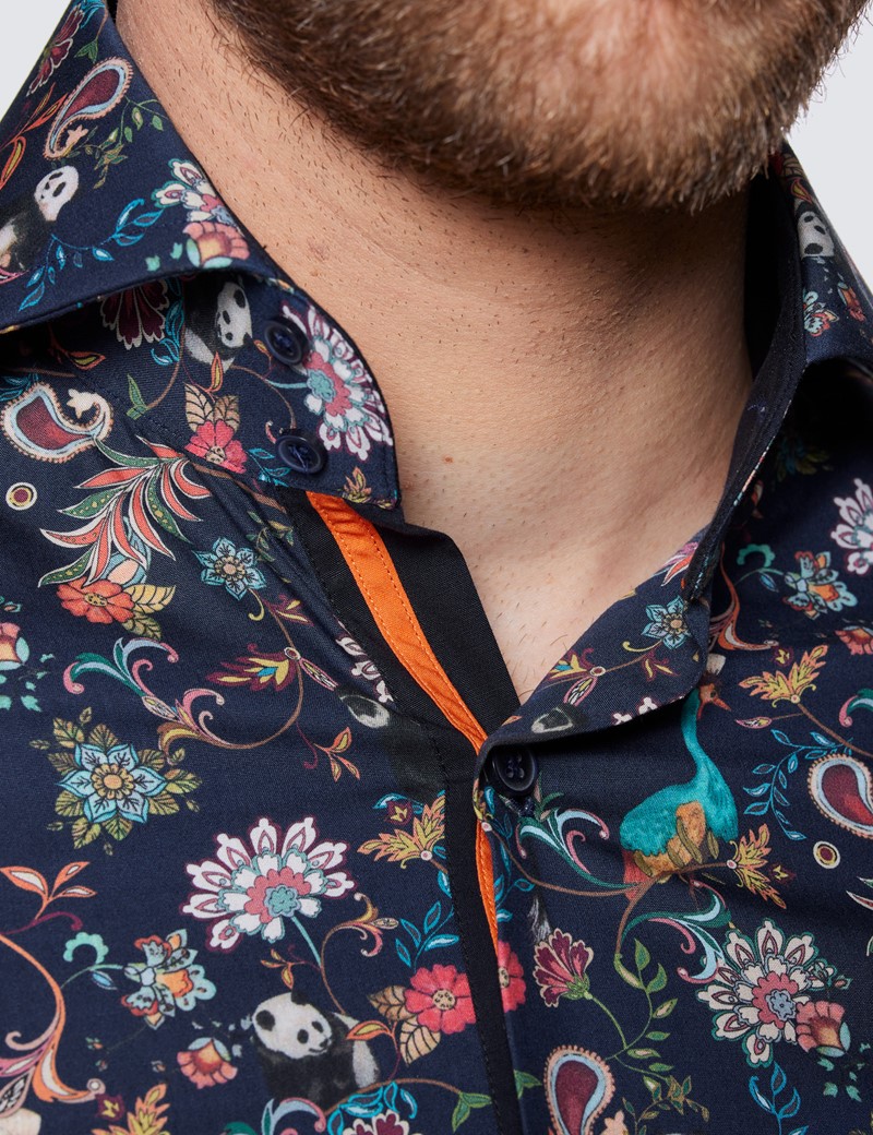 Men's Curtis Navy & Orange Paisley Panda Print Relaxed Slim Fit Shirt - High Collar
