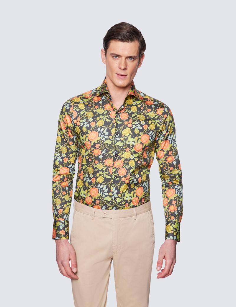 mens yellow print dress shirt