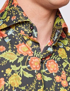 Men's Curtis Green & Yellow Floral Print Relaxed Slim Fit Shirt - High Collar