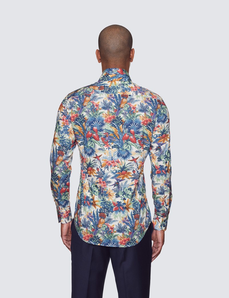 Curtis Cream & Red Tropical Print Relaxed Slim Fit Shirt - High Collar