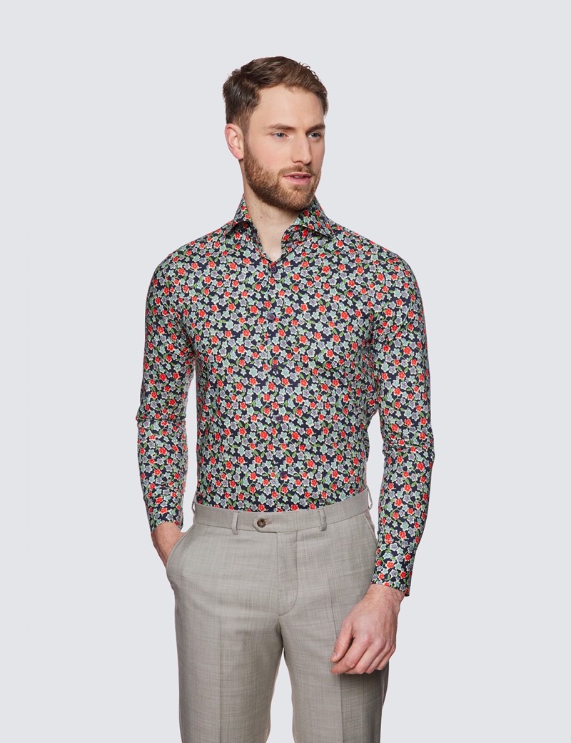 Curtis Navy & Red Floral Print Relaxed Slim Fit Shirt - High Collar