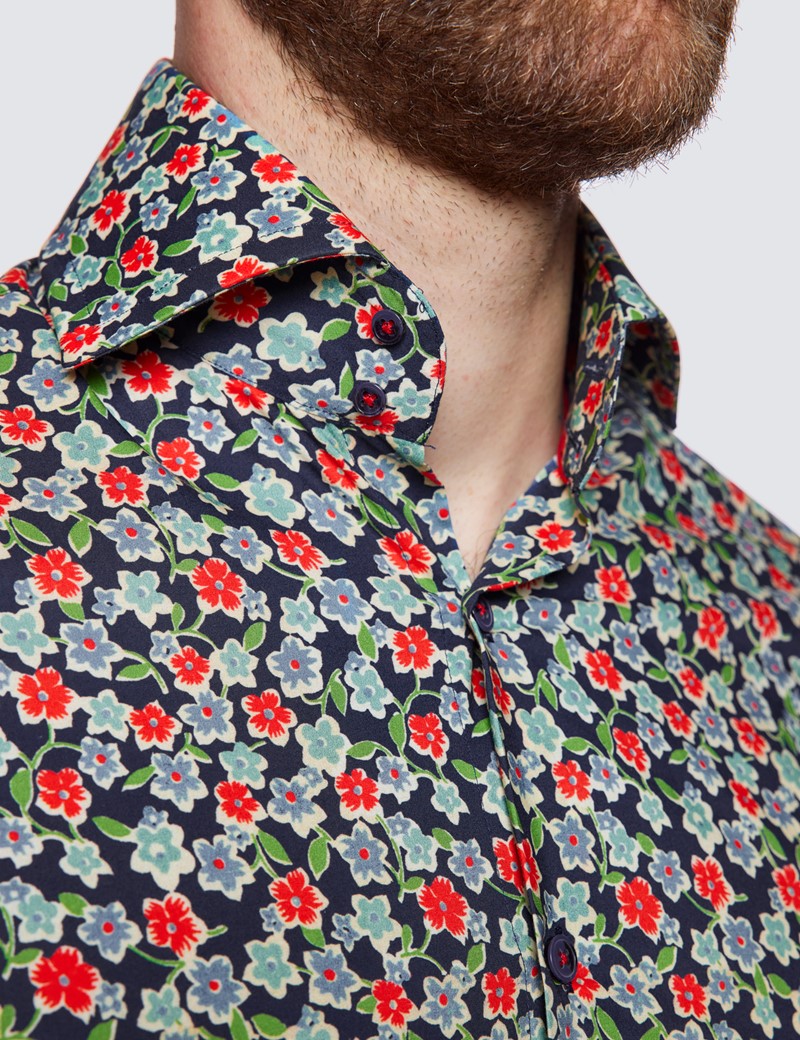 Curtis Navy & Red Floral Print Relaxed Slim Fit Shirt - High Collar