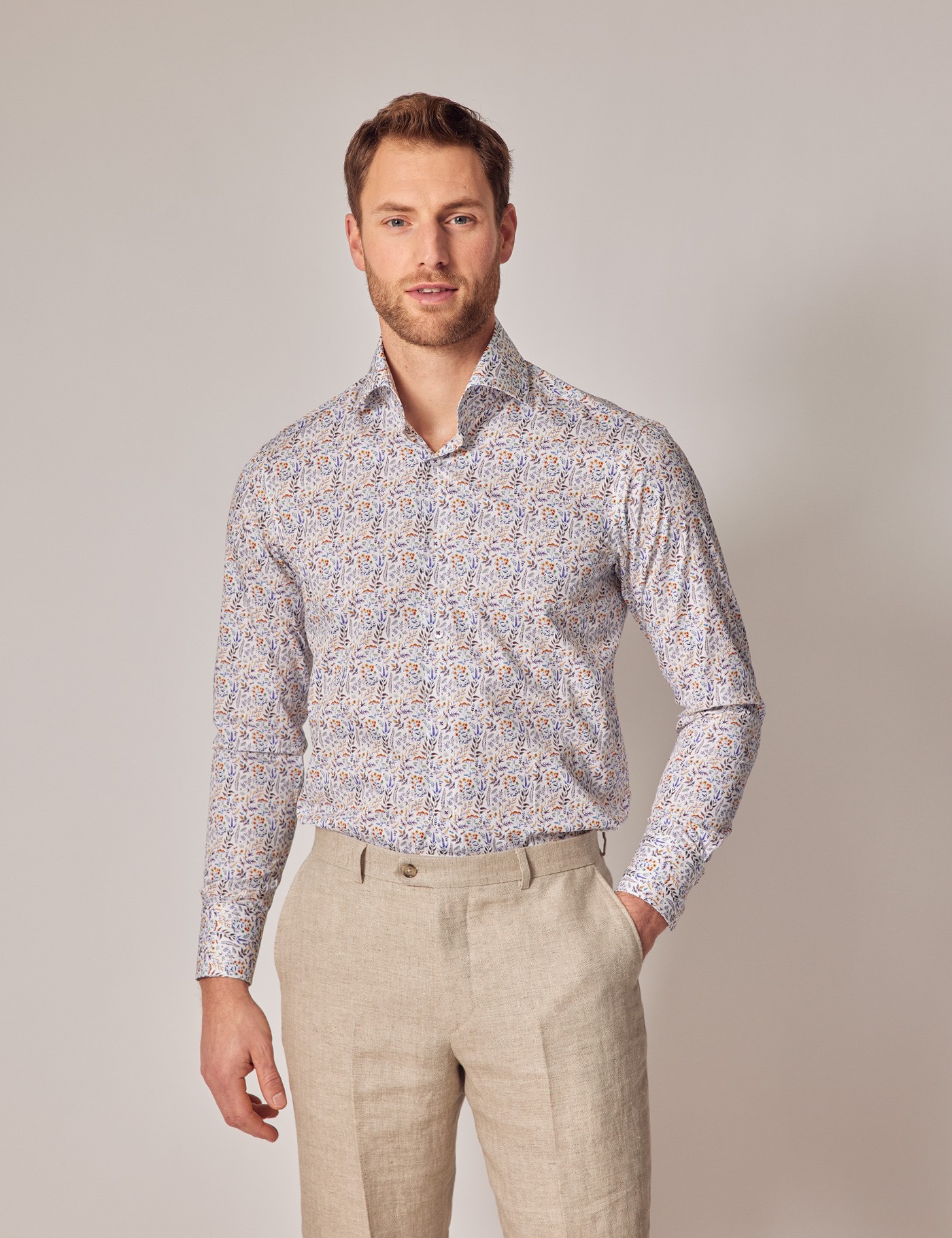 Casual White & Purple Leaf Slim Shirt - High Collar | Hawes & Curtis