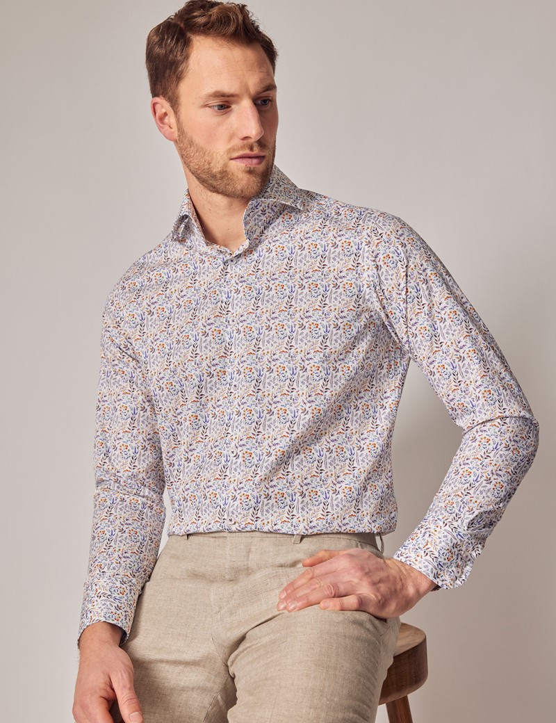 White & Purple Leaf Slim Shirt - High Collar | Hawes & Curtis