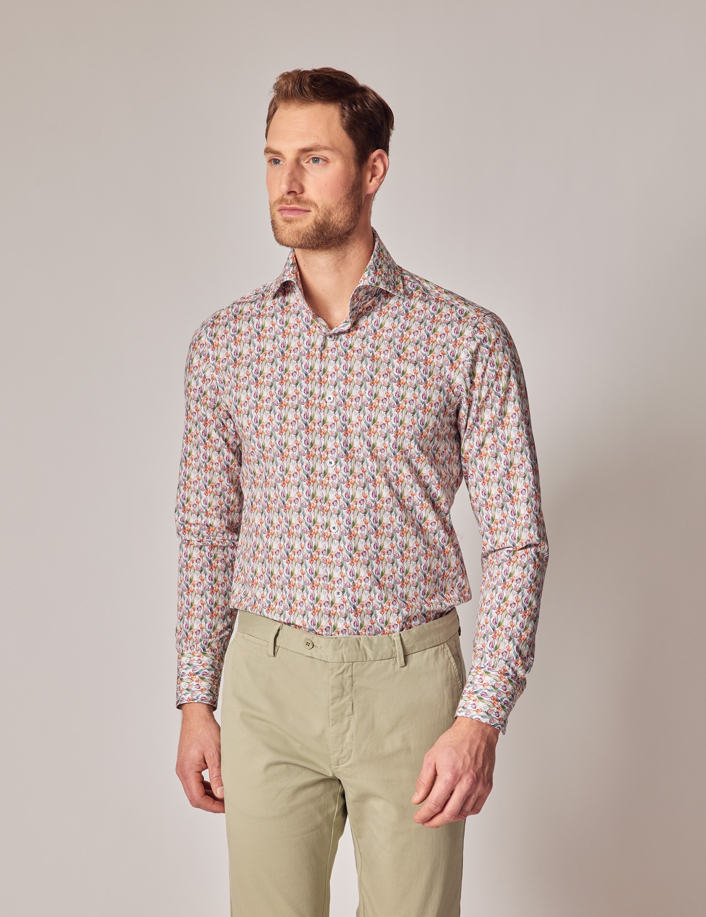 White & Purple Tulip Floral Slim Shirt - High Collar | Hawes & Curtis