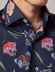 Men's Blue & Green Floral Tulip Slim Shirt - High Collar