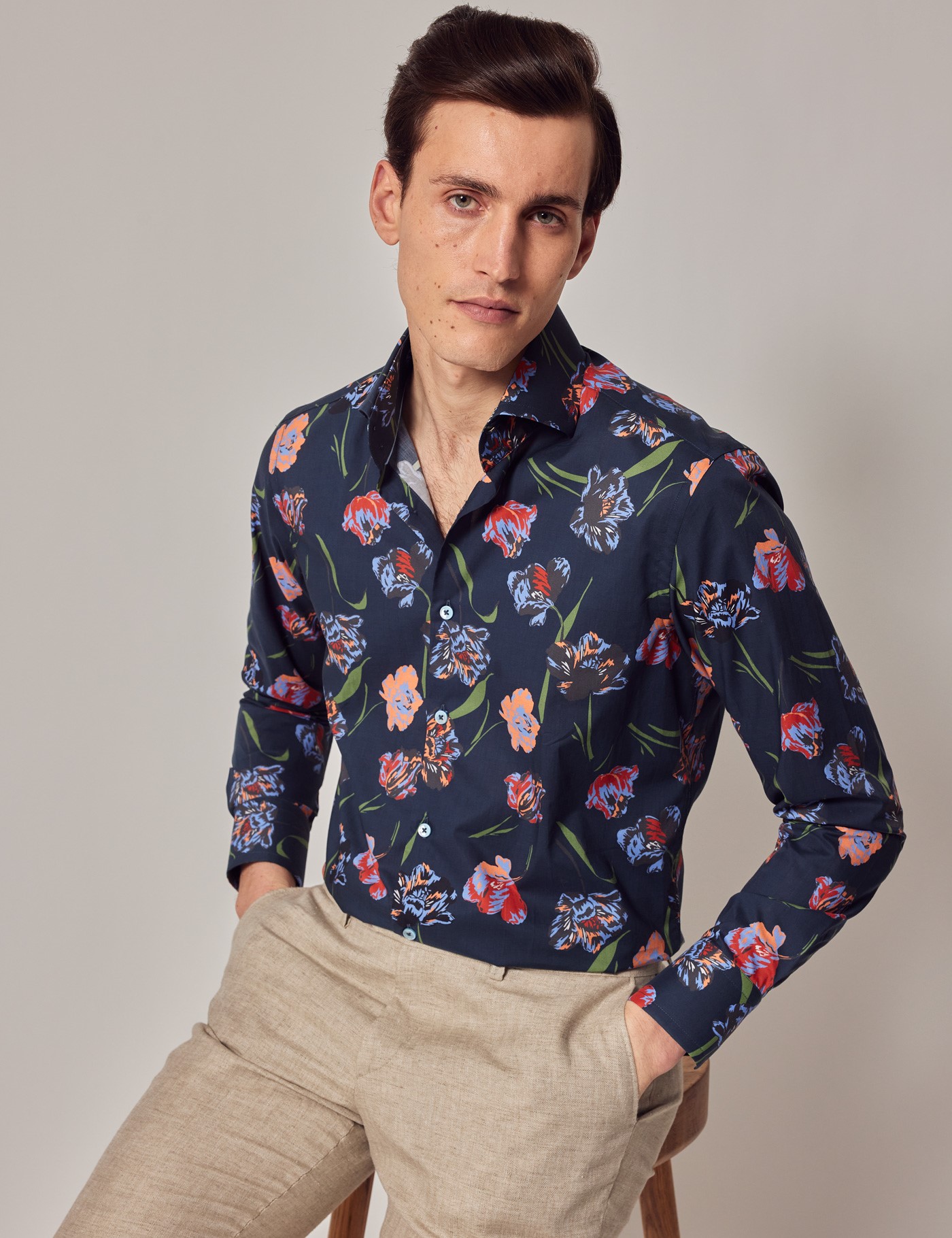 Men's Blue & Green Floral Tulip Slim Shirt - High Collar