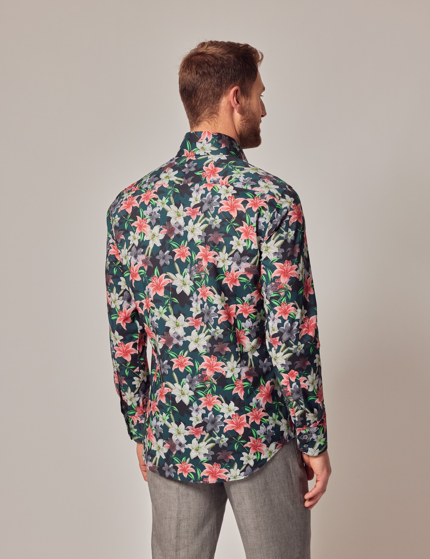 Men's Casual Green & White Floral Lily Slim Shirt - High Collar