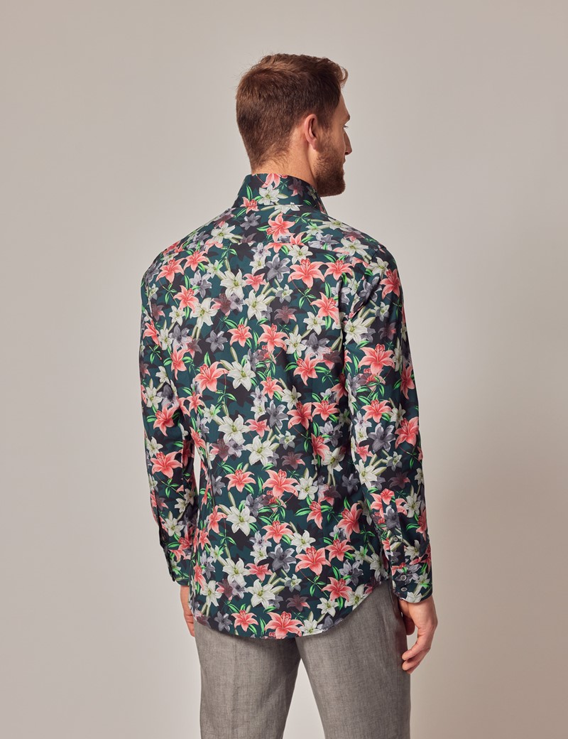 Men's Green & White Floral Lily Slim Shirt - High Collar