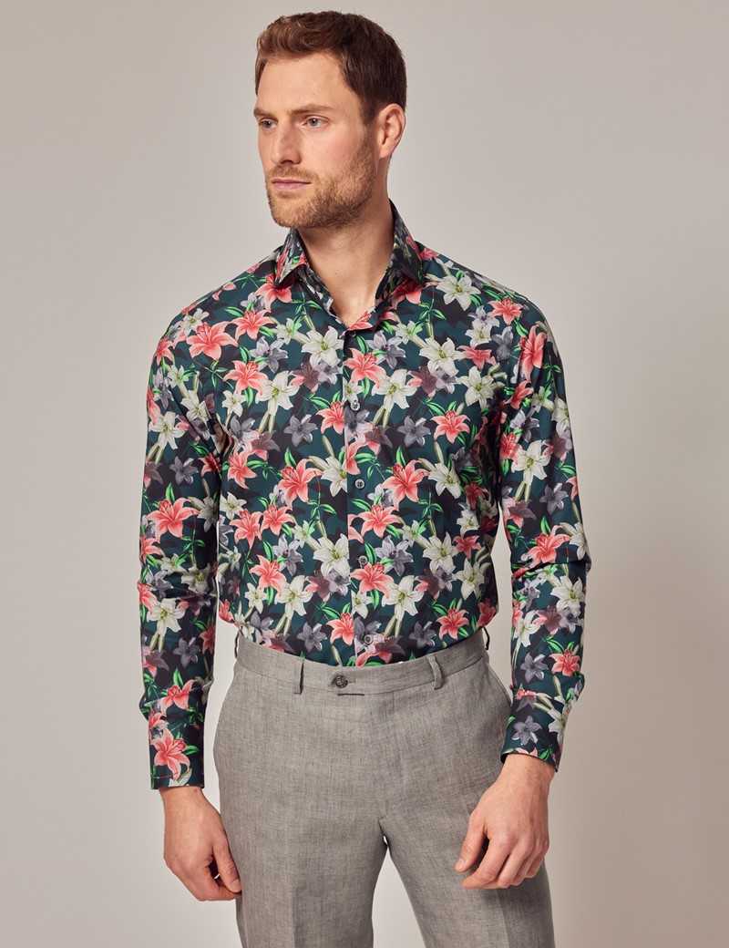 Men's Green & White Floral Lily Slim Shirt - High Collar