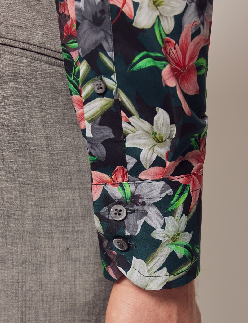 Men's Green & White Floral Lily Slim Shirt High Collar