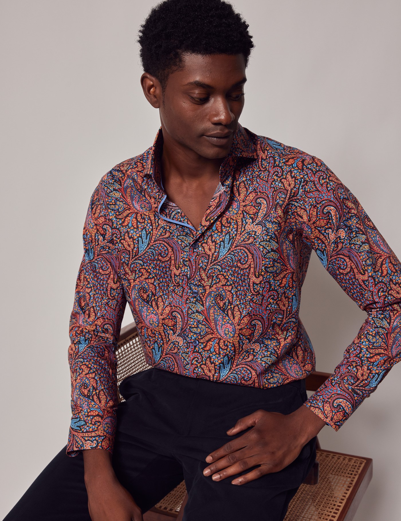 Men's Black & Red Paisley Slim Shirt - High Collar